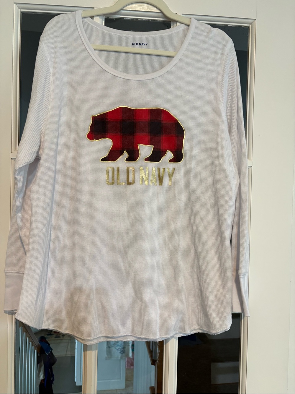 Old Navy White Long-Sleeve Top with Red Plaid Bear and Gold Logo Thermal